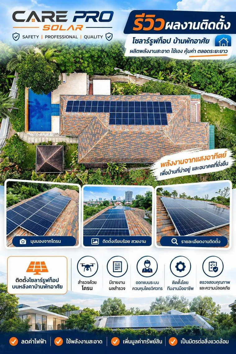 รีวิวผลงานติดตั้งโซลาร์รูฟท็อปบ้านพักอาศัย พร้อมภาพมุมสูงจากโดรน — CAREPRO SOLAR