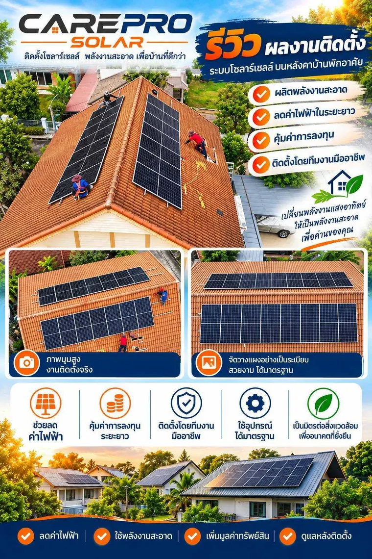 รีวิวผลงานติดตั้งระบบโซลาร์เซลล์บนหลังคา พร้อมภาพหน้างานจริง — CAREPRO SOLAR