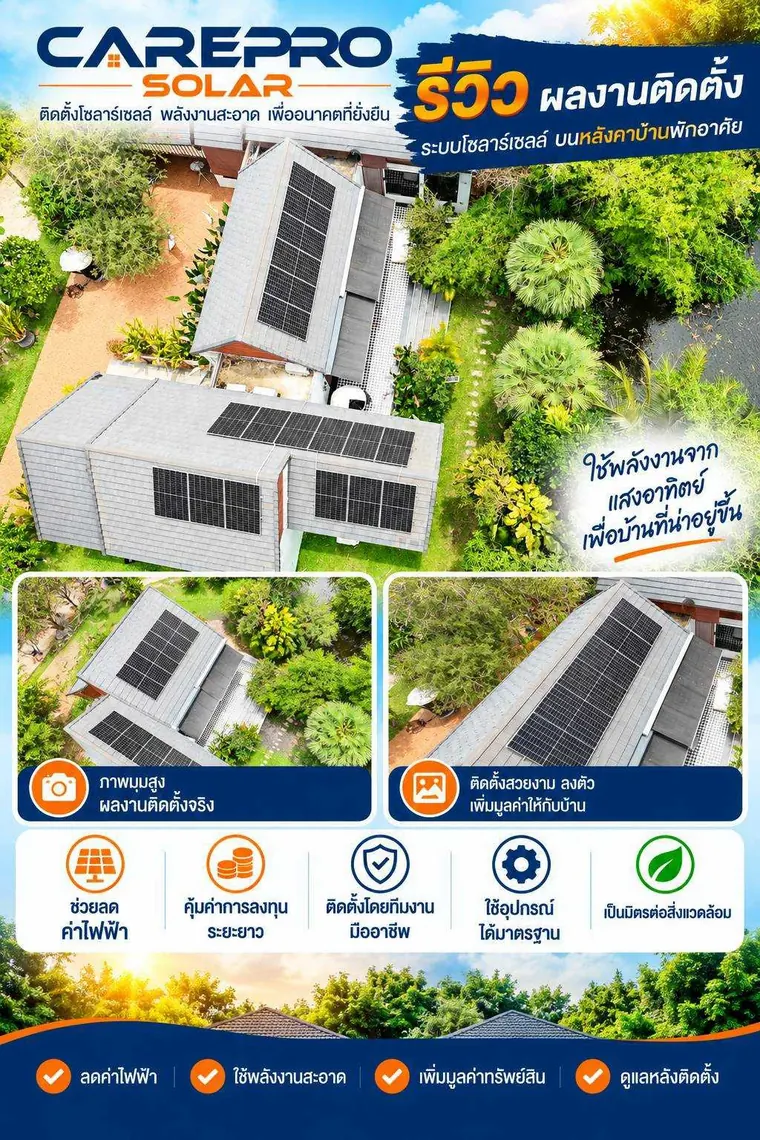 รีวิวผลงานติดตั้งระบบโซลาร์เซลล์ ช่วยลดค่าไฟฟ้าระยะยาว — CAREPRO SOLAR