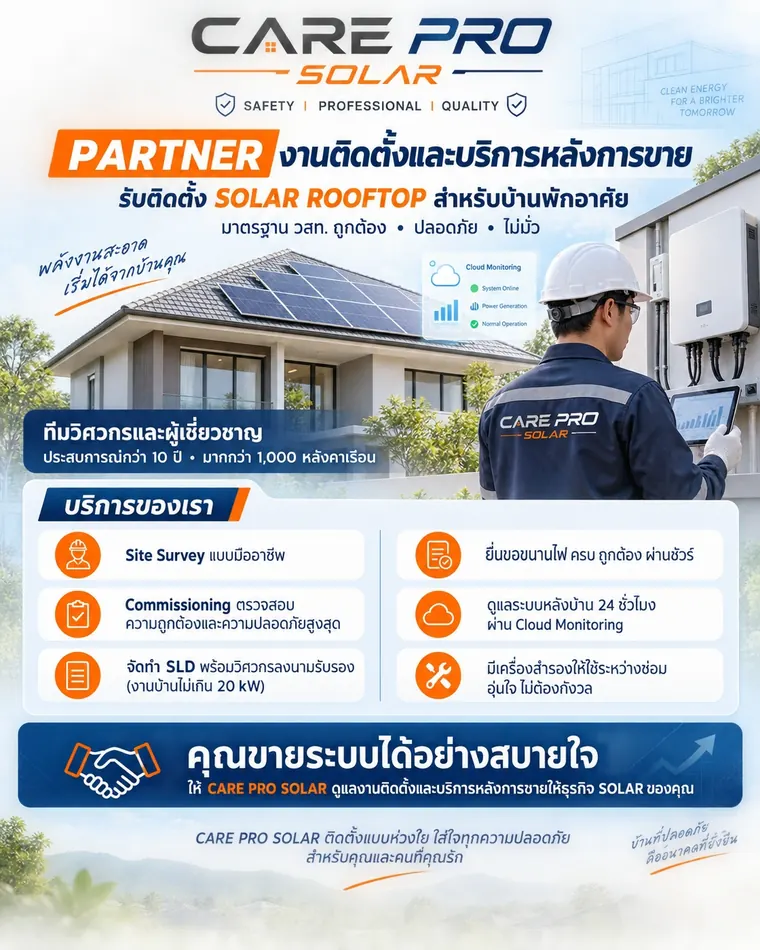รับเป็นพาร์ตเนอร์งานติดตั้งและบริการหลังการขาย Solar Rooftop สำหรับบ้านพักอาศัย — CAREPRO SOLAR